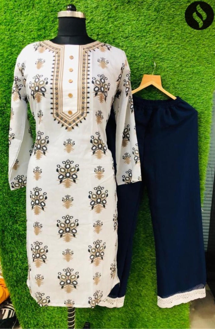 White masleen printed plazzo kurti
