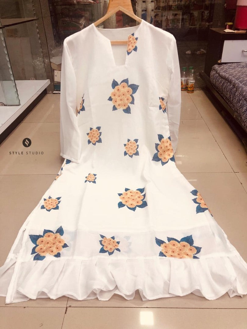 white maslin silk printed bollywood kurti