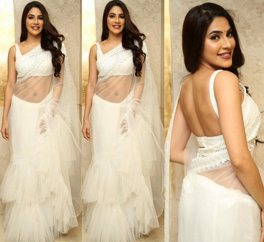 White mono net beautiful ruffle saree
