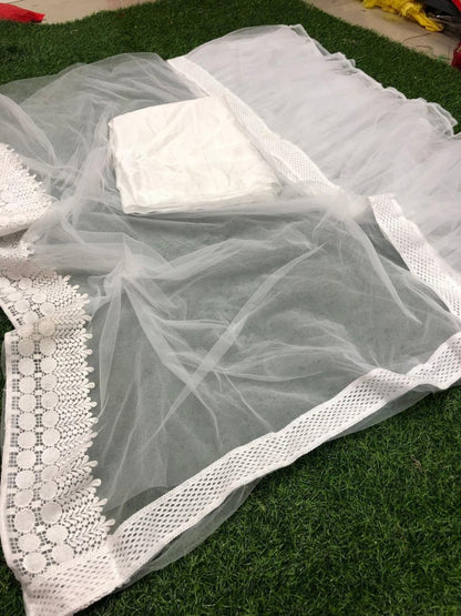 White mono net beautiful ruffle saree