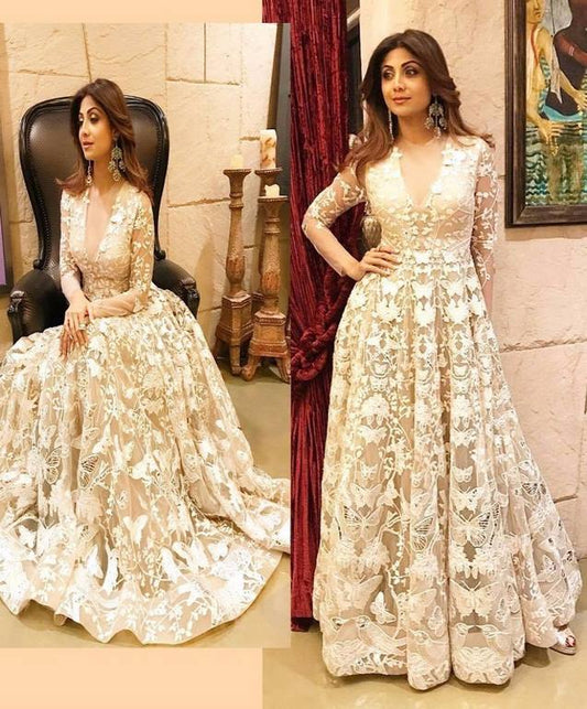 White mono net designer bollywood style gown