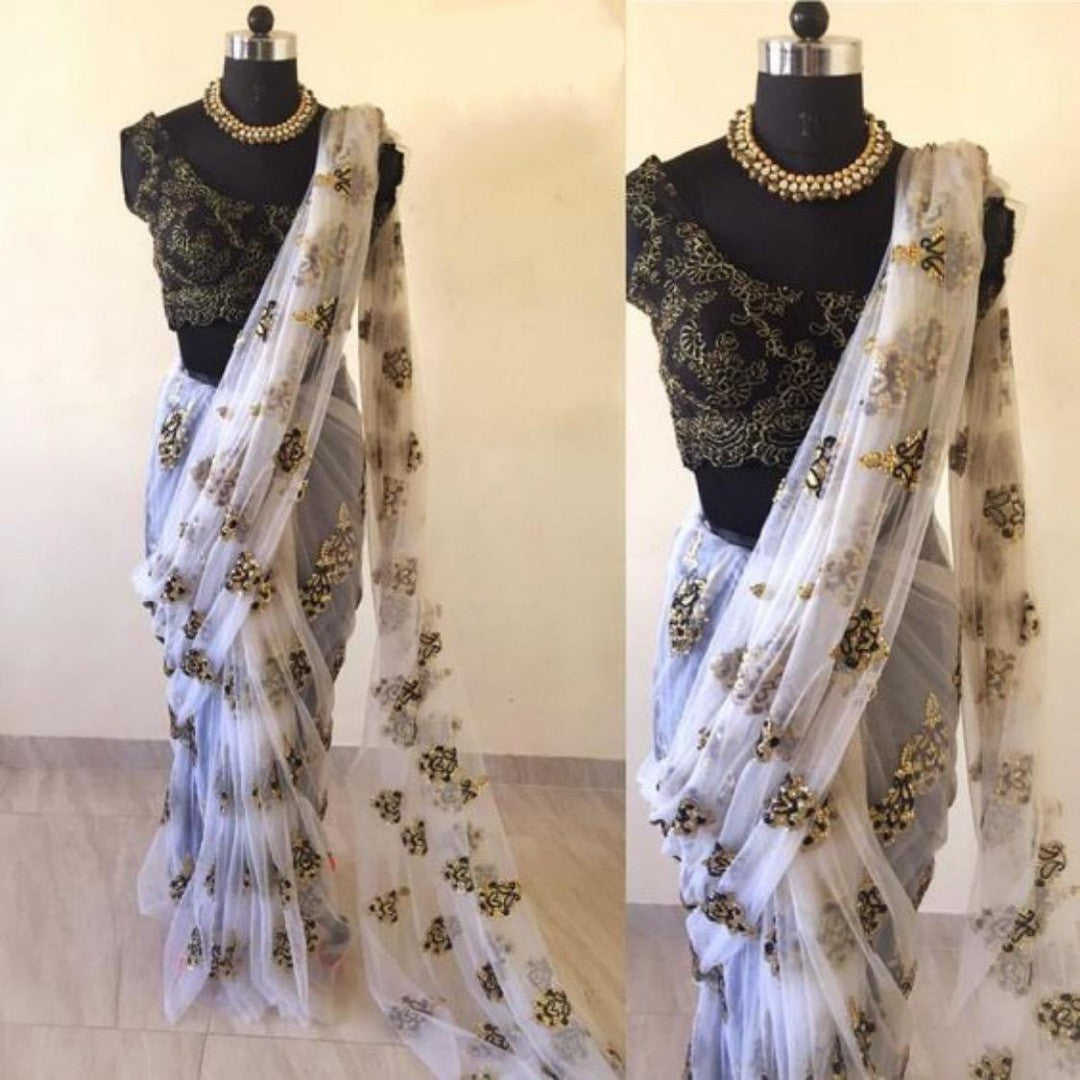 white mono net designer embroidered partywear saree