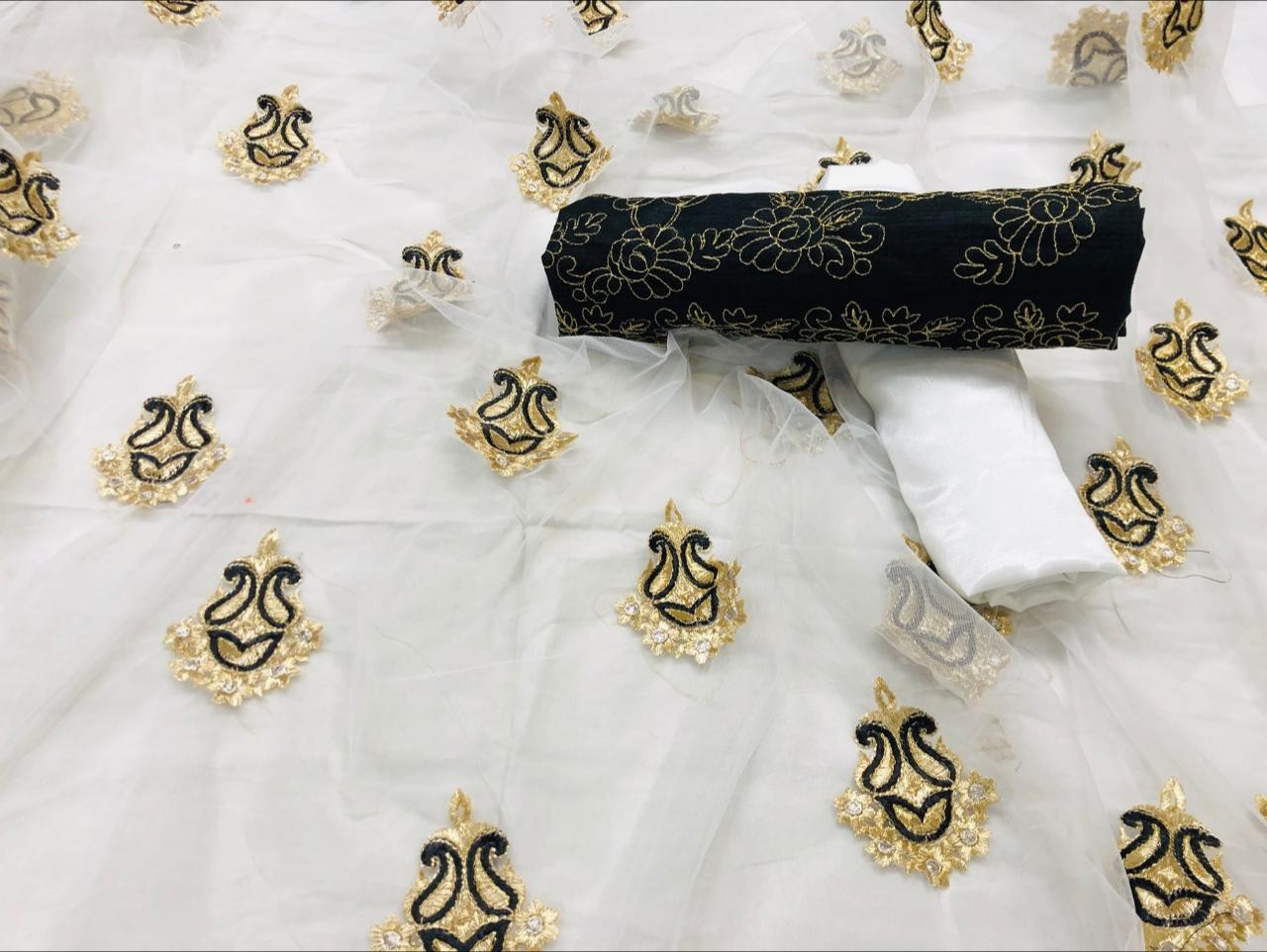 white mono net designer embroidered partywear saree