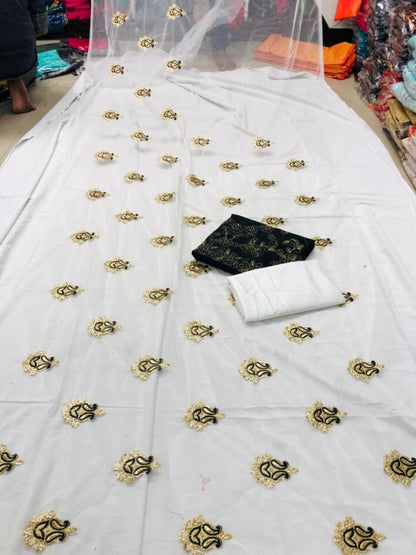 white mono net designer embroidered partywear saree