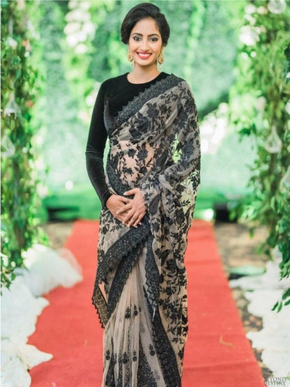 White mono net designer heavy black threadwork ceremonial saree