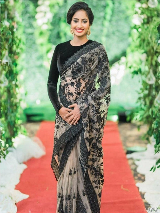 White mono net designer heavy black threadwork ceremonial saree