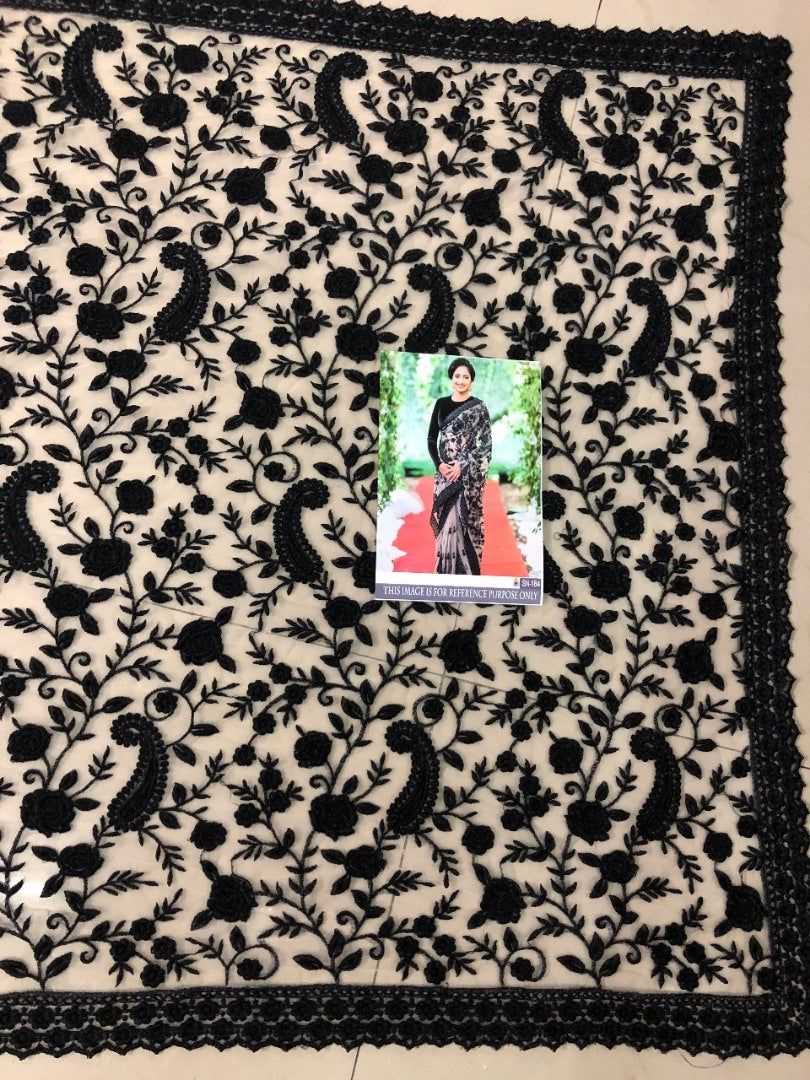 White mono net designer heavy black threadwork ceremonial saree