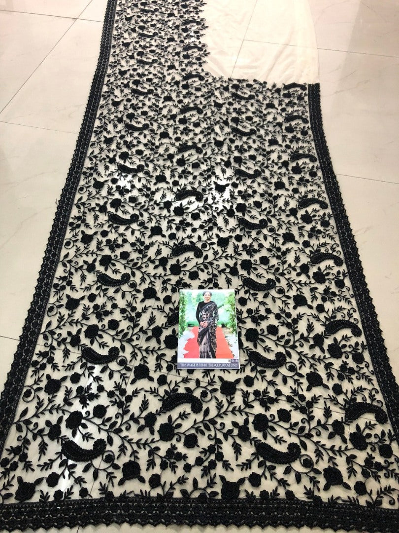 White mono net designer heavy black threadwork ceremonial saree