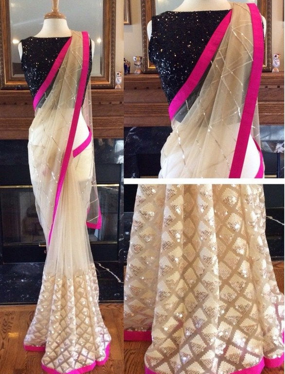 white mono net embroidered partywear saree