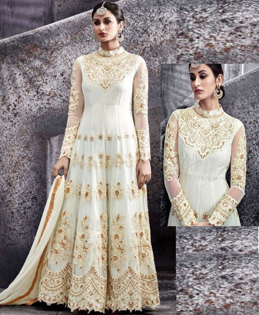 White mono net heavy embroidered wedding gown