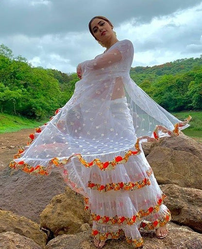 White mono net multi threadworked designer saree