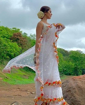 White mono net multi threadworked designer saree