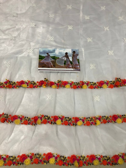 White mono net multi threadworked designer saree