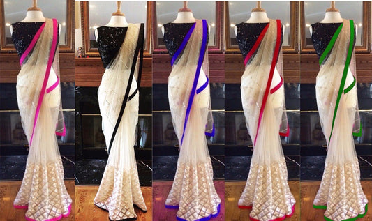 white mono net sequence border partywear saree