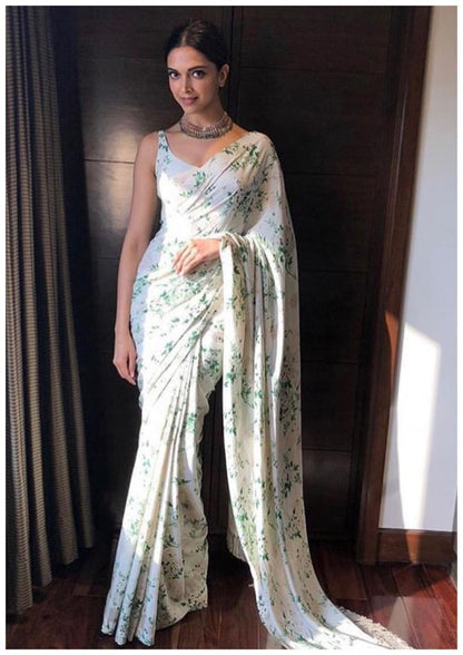 white moss chiffon digital printed partywear saree