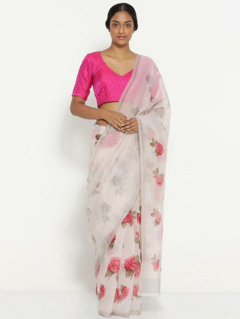 White moss linen flower printed saree