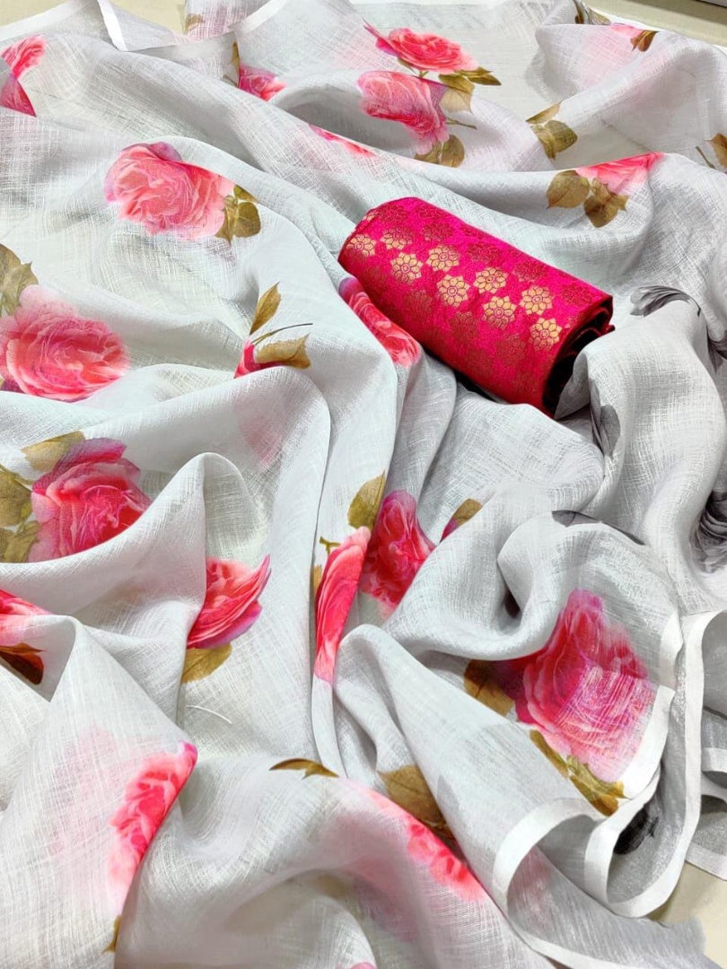 White moss linen flower printed saree