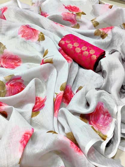 White moss linen flower printed saree