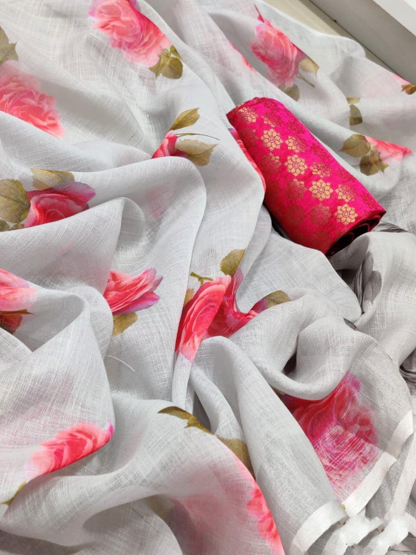 White moss linen flower printed saree