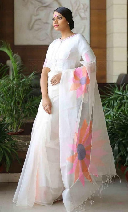 White moss organza digital printed attractive saree