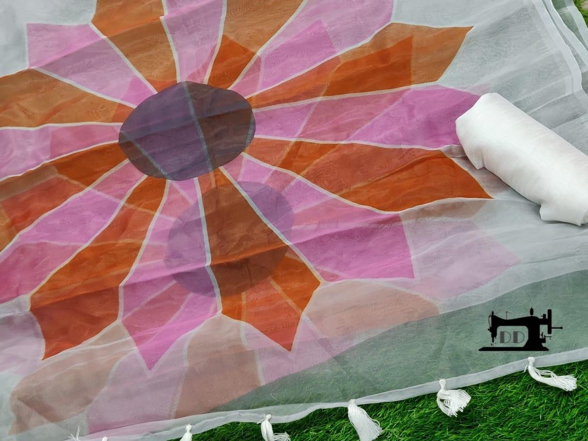 White moss organza digital printed attractive saree