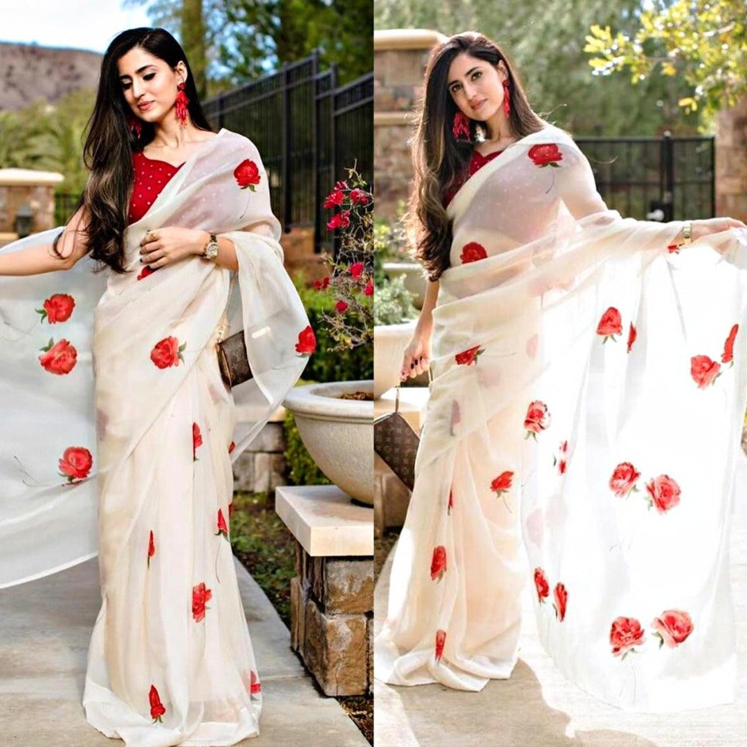 White moss organza digital printed saree