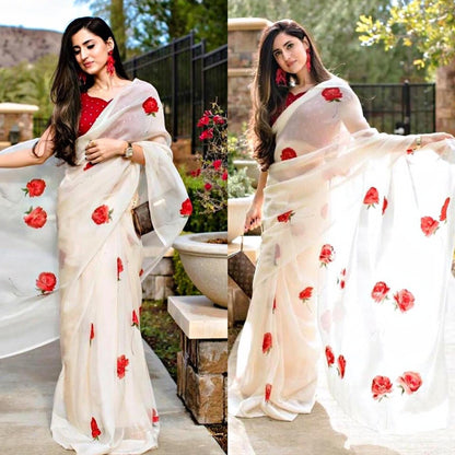 White moss organza digital printed saree