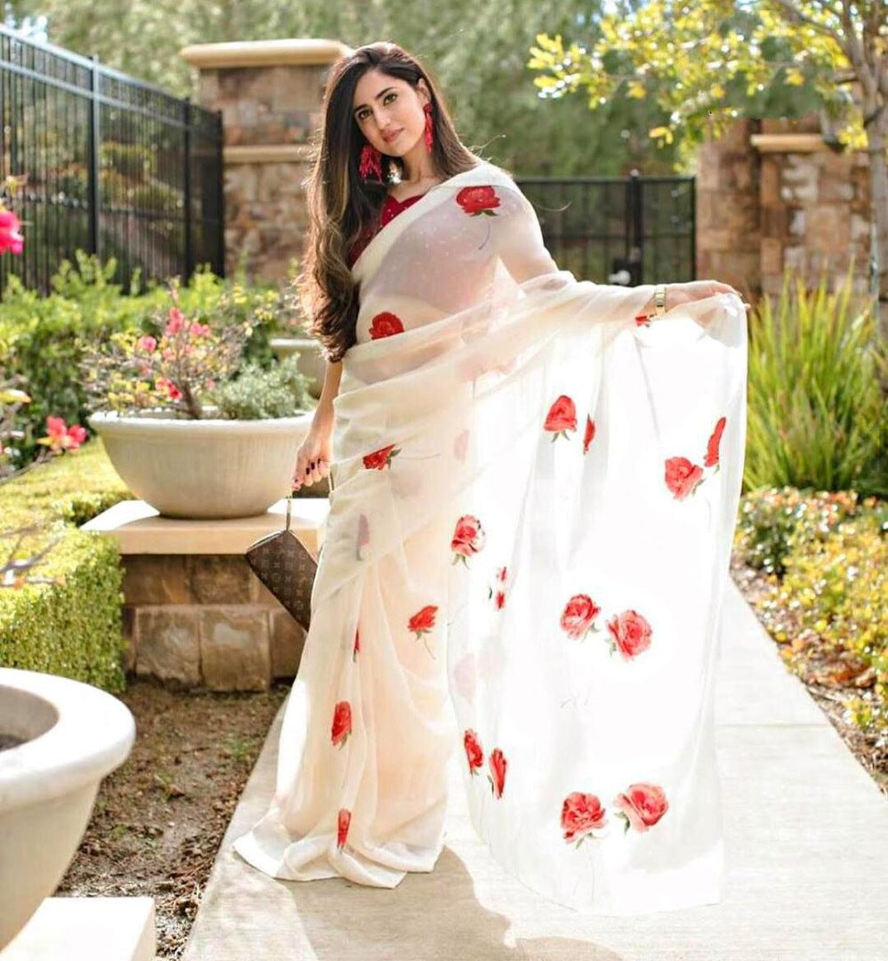 White moss organza digital printed saree