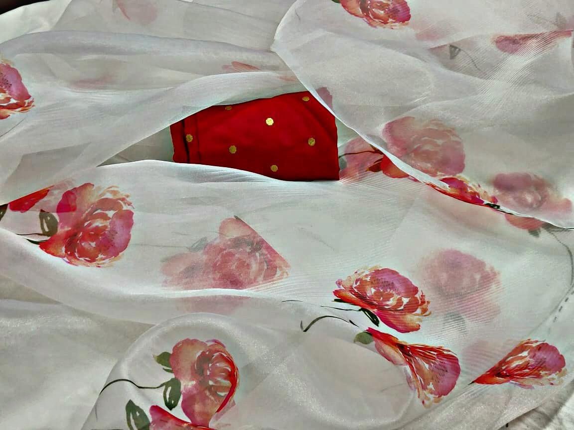 White moss organza digital printed saree