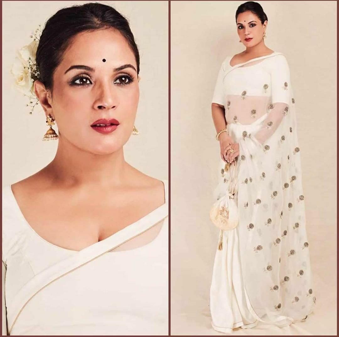 White moss organza embroidered stylist wedding saree