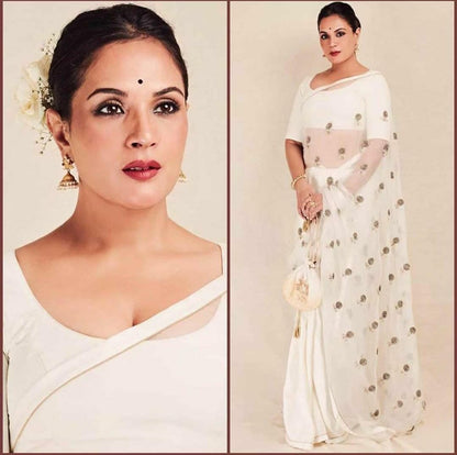 White moss organza embroidered stylist wedding saree