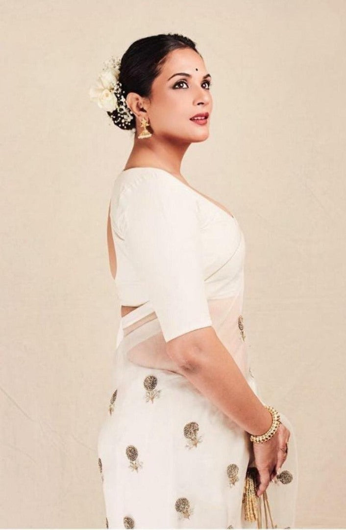 White moss organza embroidered stylist wedding saree