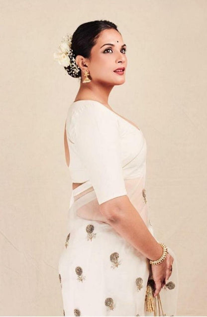 White moss organza embroidered stylist wedding saree