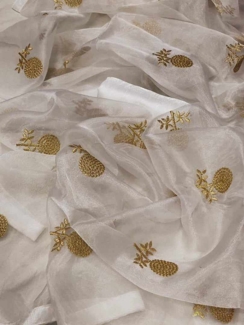 White moss organza embroidered stylist wedding saree