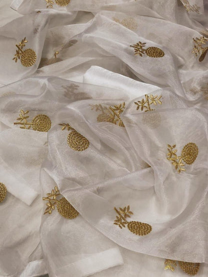 White moss organza embroidered stylist wedding saree