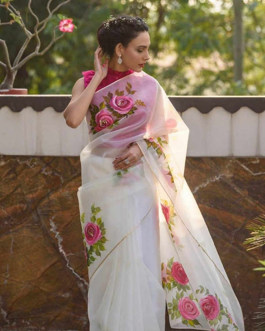 White moss organza flower printed saree