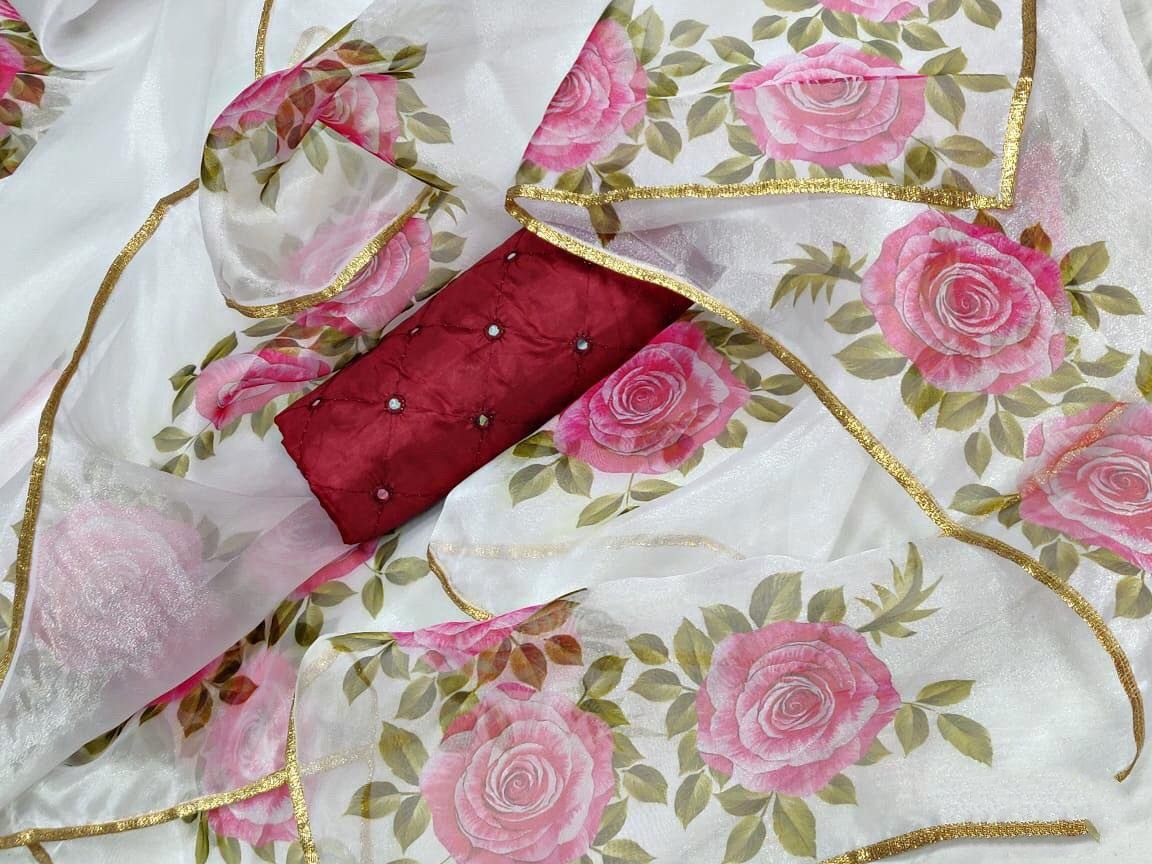 White moss organza flower printed saree