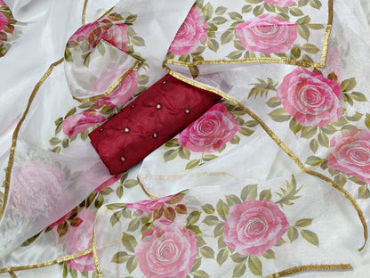 White moss organza flower printed saree