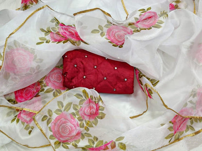 White moss organza flower printed saree