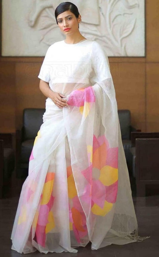 White moss organza multicolor digital printed attractive saree