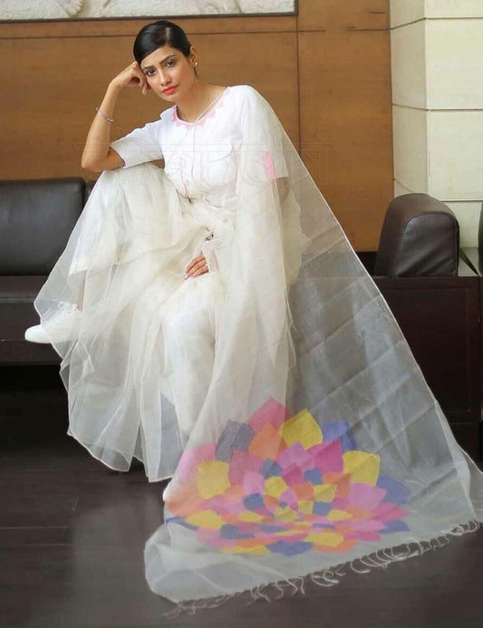 White moss organza multicolor digital printed attractive saree