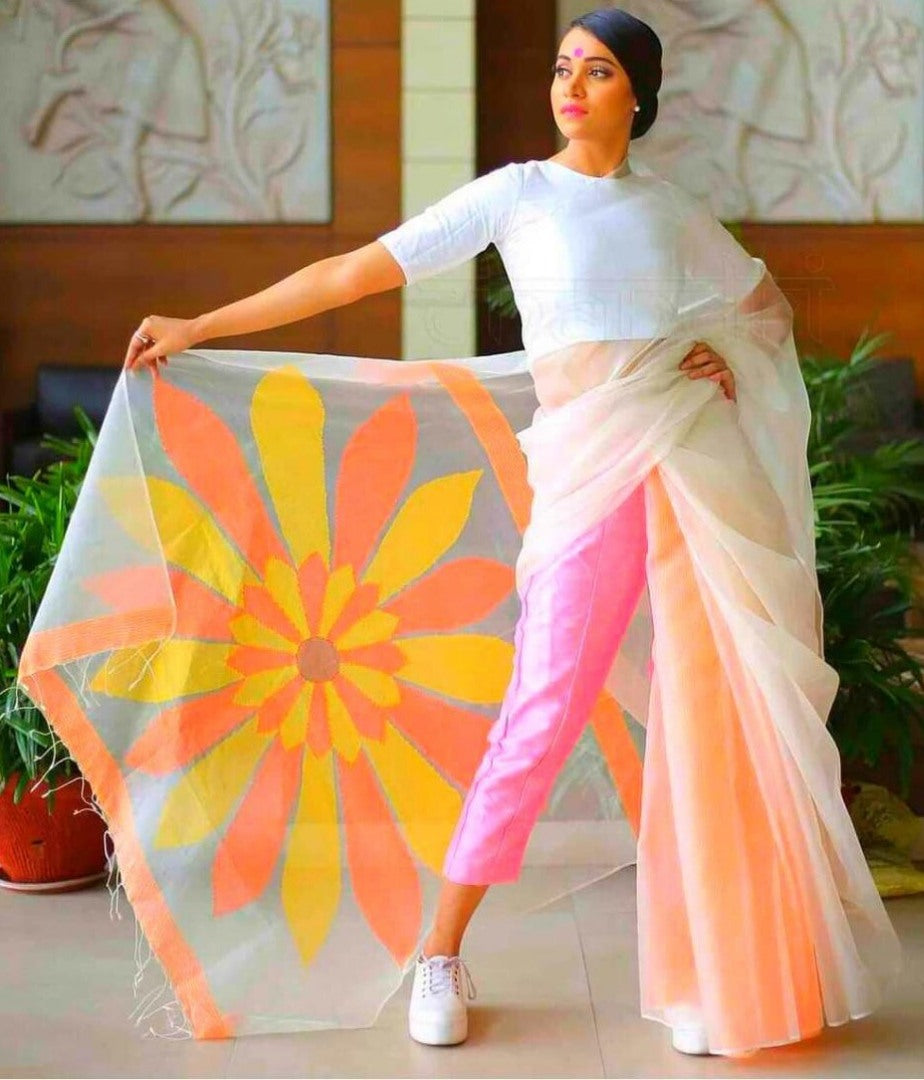 White moss organza multicolor digital printed attractive saree