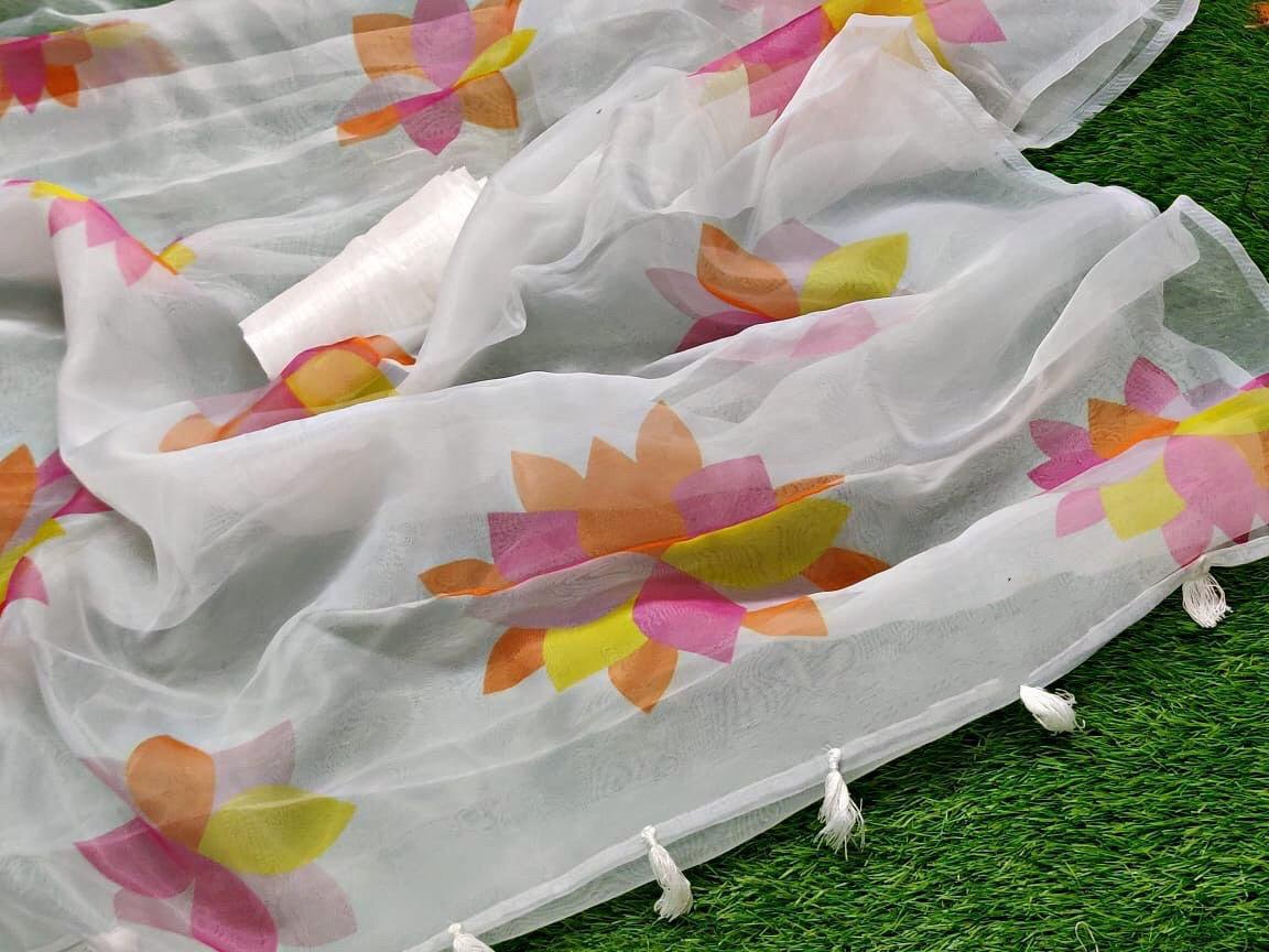 White moss organza multicolor digital printed attractive saree