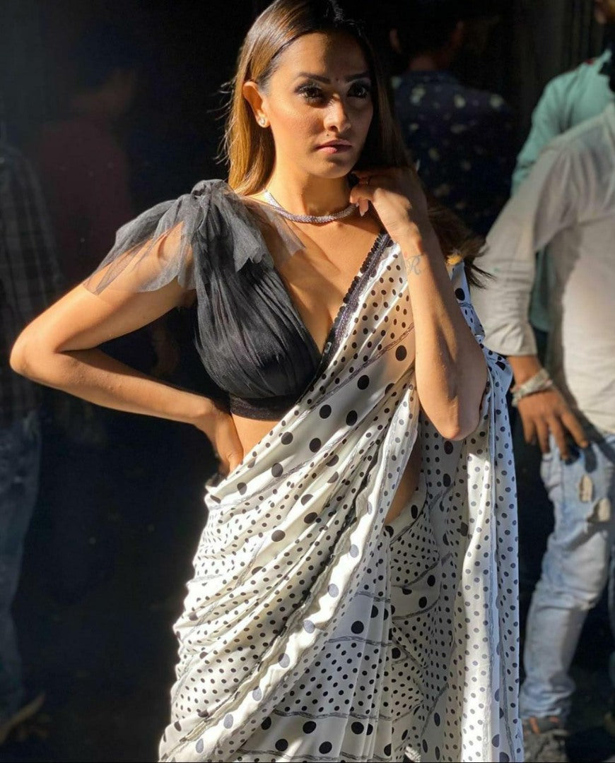 White moss satin georgette digital printed saree