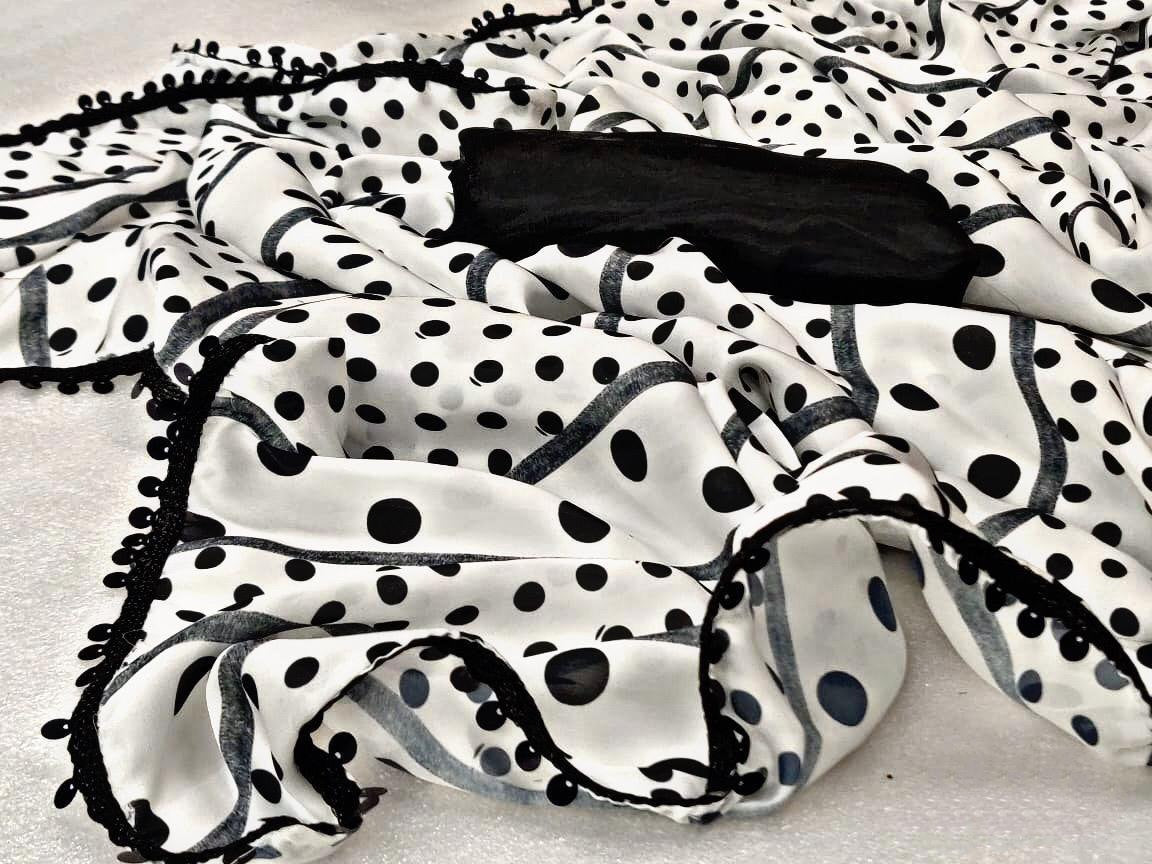 White moss satin georgette digital printed saree