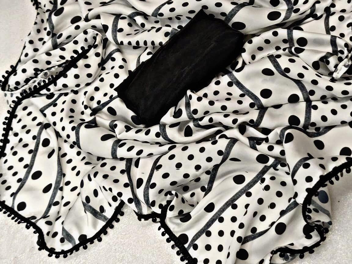 White moss satin georgette digital printed saree