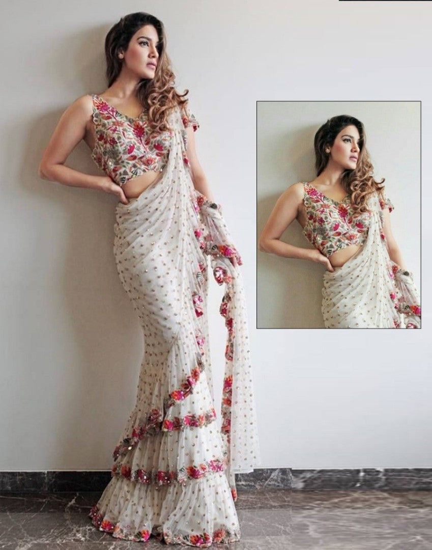 white multi threadwork embroidered ceremonial ruffle saree