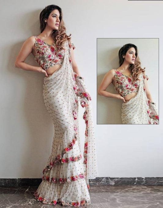 white multi threadwork embroidered ceremonial ruffle saree
