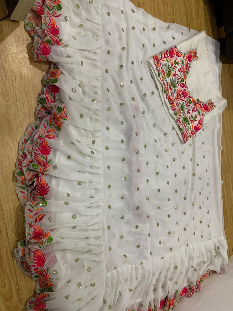 white multi threadwork embroidered ceremonial ruffle saree
