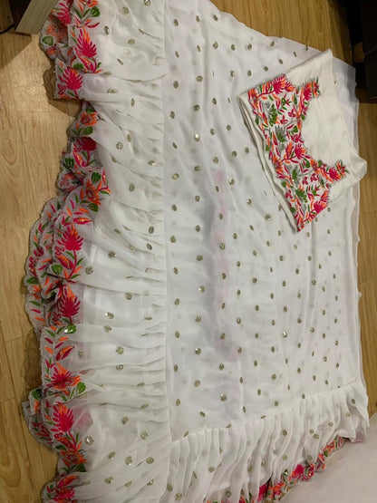 white multi threadwork embroidered ceremonial ruffle saree